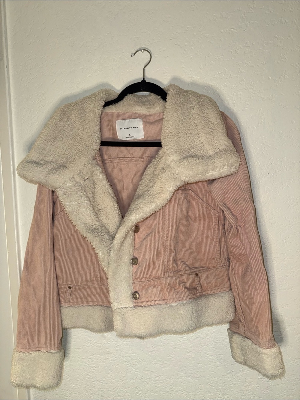 Celebrity Pink Blush Pink Corduroy Jacket with Cream Teddy Trim